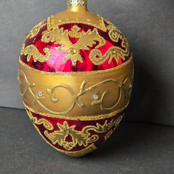 Frontgate Red Gold Glass Christmas Ornament 5" Jeweled Egg Pattern Holiday Decor - Picture 2 of 7